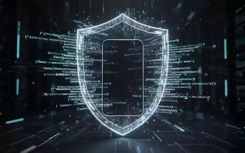 Abstrakte Darstellung von Cybersicherheit mit einem schützenden Schild aus Code um ein Smartphone, das Datenschutz symbolisiert. - Foto: über boerse-global.de