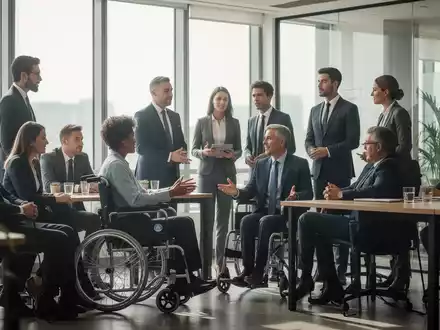 Eine vielfältige Gruppe von Menschen, einige mit sichtbaren Behinderungen, arbeiten und diskutieren in einem modernen Büro. - Foto: über boerse-global.de