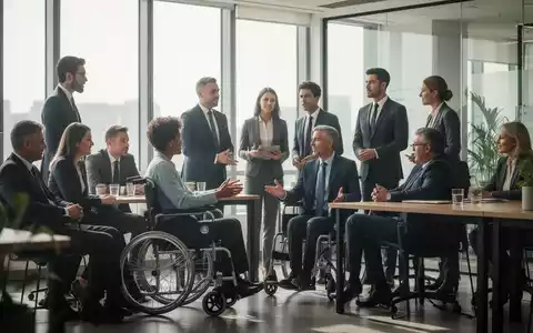 Eine vielfältige Gruppe von Menschen, einige mit sichtbaren Behinderungen, arbeiten und diskutieren in einem modernen Büro. - Foto: über boerse-global.de