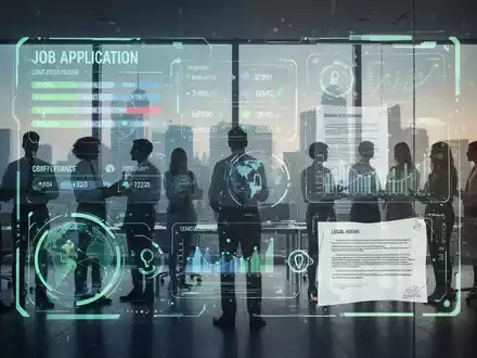 Ein stilisiertes digitales Interface zeigt Bewerberdaten und Gesetzestexte, überlagert von Silhouetten von Fachkräften in einem modernen Büro. - Foto: über boerse-global.de