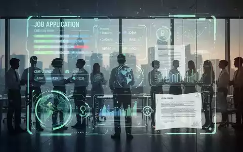 Ein stilisiertes digitales Interface zeigt Bewerberdaten und Gesetzestexte, überlagert von Silhouetten von Fachkräften in einem modernen Büro. - Foto: über boerse-global.de