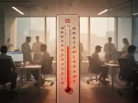 Ein Thermometer zeigt extreme Hitze in einem Büro mit verschwommenen arbeitenden Personen im Hintergrund. - Foto: über boerse-global.de