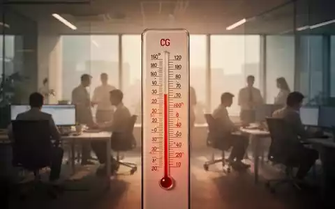 Ein Thermometer zeigt extreme Hitze in einem Büro mit verschwommenen arbeitenden Personen im Hintergrund. - Foto: über boerse-global.de