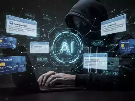 A shadowy figure in a hoodie types on a laptop, surrounded by holographic projections of phishing emails and credit card numbers. - Foto: über boerse-global.de