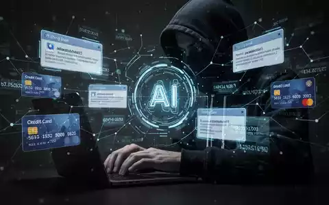 A shadowy figure in a hoodie types on a laptop, surrounded by holographic projections of phishing emails and credit card numbers. - Foto: über boerse-global.de