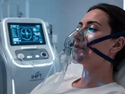 Eine Person mit einer Atemmaske, verbunden mit einem modernen IHHT-Gerät in einem hochtechnologischen medizinischen Umfeld. - Foto: über boerse-global.de