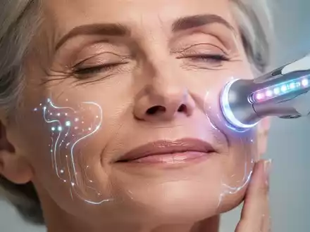 Nahaufnahme des Gesichts einer Frau, die ein kleines, modernes elektrisches Muskelstimulationsgerät zur Gesichtsverjüngung verwendet. - Foto: über boerse-global.de