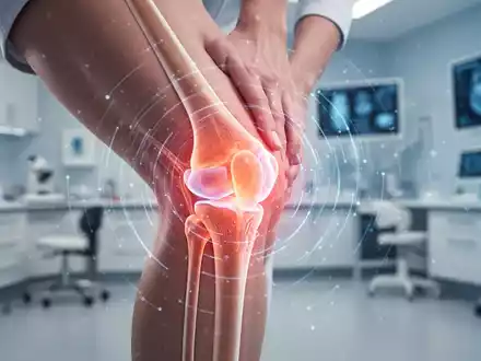 Ein Kniegelenk mit subtilen digitalen Überlagerungen, die therapeutische Energie oder Datenströme andeuten, in einer modernen Klinik. - Foto: über boerse-global.de