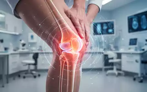 Ein Kniegelenk mit subtilen digitalen Überlagerungen, die therapeutische Energie oder Datenströme andeuten, in einer modernen Klinik. - Foto: über boerse-global.de