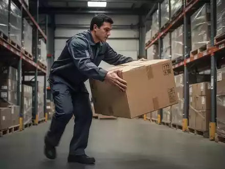 Eine Person hebt vorsichtig eine schwere Kiste in einem Lagerhaus, mit Fokus auf ergonomische Körperhaltung und Arbeitssicherheit. - Foto: über boerse-global.de