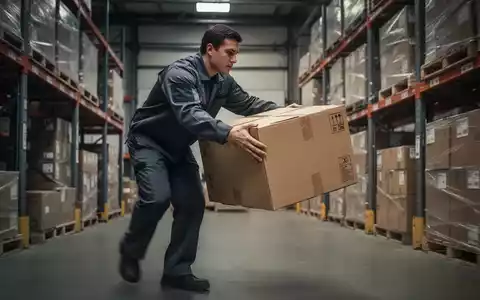 Eine Person hebt vorsichtig eine schwere Kiste in einem Lagerhaus, mit Fokus auf ergonomische Körperhaltung und Arbeitssicherheit. - Foto: über boerse-global.de