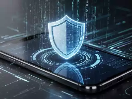 A futuristic smartphone screen showing a holographic shield icon with binary code, representing digital security and data protection. - Foto: über boerse-global.de