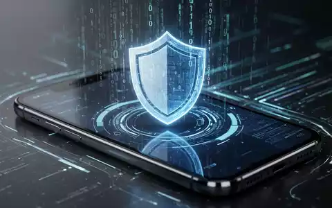 A futuristic smartphone screen showing a holographic shield icon with binary code, representing digital security and data protection. - Foto: über boerse-global.de