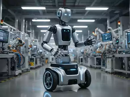 A modern, wheeled humanoid robot with articulated arms and human-like hands stands in a bright, high-tech factory setting. - Foto: über boerse-global.de