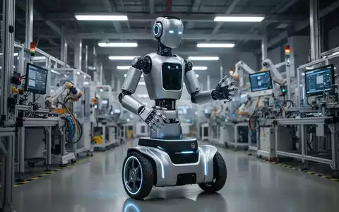 A modern, wheeled humanoid robot with articulated arms and human-like hands stands in a bright, high-tech factory setting. - Foto: über boerse-global.de