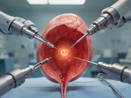 Nahaufnahme einer 3D-Darstellung der Prostata, umgeben von robotischen chirurgischen Instrumenten in einem sterilen medizinischen Umfeld. - Foto: über boerse-global.de