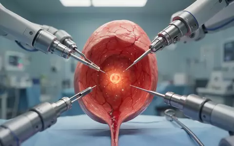Nahaufnahme einer 3D-Darstellung der Prostata, umgeben von robotischen chirurgischen Instrumenten in einem sterilen medizinischen Umfeld. - Foto: über boerse-global.de