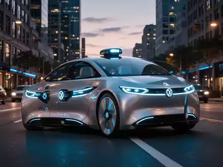 A futuristic robotaxi with glowing sensors drives on a city street at dusk, representing autonomous mobility. - Foto: über boerse-global.de
