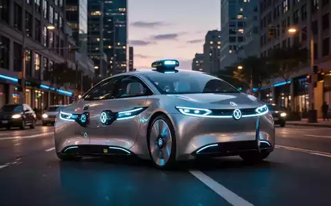 A futuristic robotaxi with glowing sensors drives on a city street at dusk, representing autonomous mobility. - Foto: über boerse-global.de