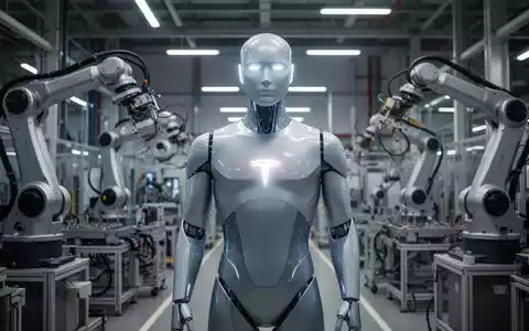 A futuristic humanoid robot with a sleek design stands in a high-tech factory, surrounded by automated machinery and subtle glowing lights. - Foto: über boerse-global.de