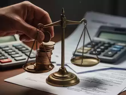 Eine Hand legt Münzen auf eine Waage, mit Dokumenten und einem Taschenrechner im Hintergrund, die finanzielle Belastungen symbolisieren. - Foto: über boerse-global.de