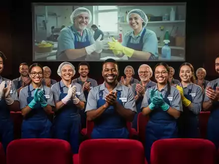 Gebäudereiniger*innen, die in einem Kino sitzen und lächeln und eine besondere Filmvorführung genießen, die ihre Arbeit würdigt. - Foto: über boerse-global.de