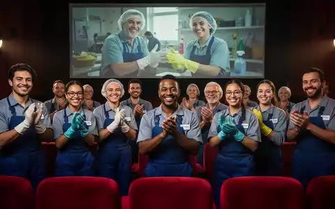 Gebäudereiniger*innen, die in einem Kino sitzen und lächeln und eine besondere Filmvorführung genießen, die ihre Arbeit würdigt. - Foto: über boerse-global.de