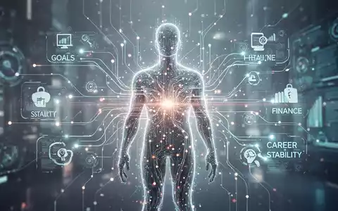 Abstrakte Darstellung digitaler Werkzeuge und Datenströme, die auf eine menschliche Silhouette zusammenlaufen, symbolisierend persönliche Ziele. - Foto: über boerse-global.de