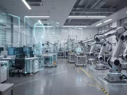 Holografische Daten und Roboterarme symbolisieren die Integration von KI in Büro und Fertigung. - Foto: über boerse-global.de