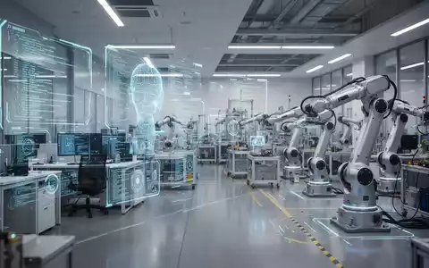 Holografische Daten und Roboterarme symbolisieren die Integration von KI in Büro und Fertigung. - Foto: über boerse-global.de