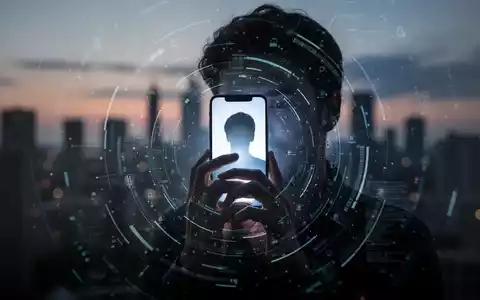 Eine Personensilhouette hält ein leuchtendes Smartphone vor dem Gesicht, umgeben von einem digitalen Interface, vor einer verschwommenen Stadtlandschaft bei Dämmerung. - Foto: über boerse-global.de