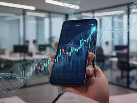 Eine Hand hält ein Smartphone mit einem steigenden Aktienchart und einem DNA-Motiv, im Hintergrund ein unscharfes Büro. - Foto: über boerse-global.de