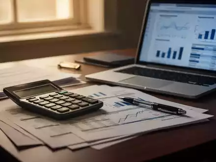 Ein Schreibtisch mit Finanzdokumenten, Taschenrechner, Stift und Laptop, der Finanzdiagramme anzeigt, in warmem Licht. - Foto: über boerse-global.de