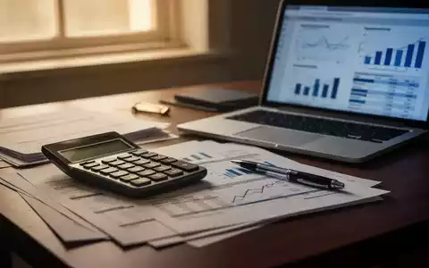 Ein Schreibtisch mit Finanzdokumenten, Taschenrechner, Stift und Laptop, der Finanzdiagramme anzeigt, in warmem Licht. - Foto: über boerse-global.de