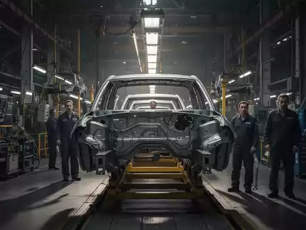 Eine dunkle Fabrikhalle mit einer Produktionslinie für Autos, auf der wenige Arbeiter besorgt schauen. Die Szene vermittelt Unsicherheit. - Foto: über boerse-global.de