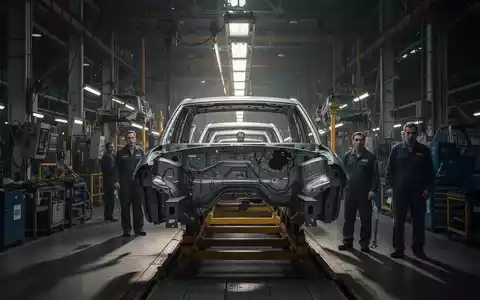Eine dunkle Fabrikhalle mit einer Produktionslinie für Autos, auf der wenige Arbeiter besorgt schauen. Die Szene vermittelt Unsicherheit. - Foto: über boerse-global.de