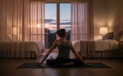 Eine ruhige Schlafzimmerszene bei Sonnenuntergang, mit einer Person, die sanfte Dehnübungen oder Meditation praktiziert. - Foto: über boerse-global.de