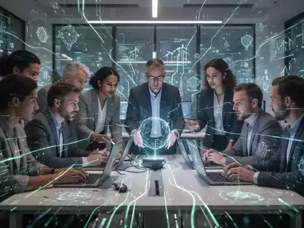 A diverse group of innovators collaborating in a modern, high-tech workspace, surrounded by digital data streams and climate-tech visualizations. - Foto: über boerse-global.de