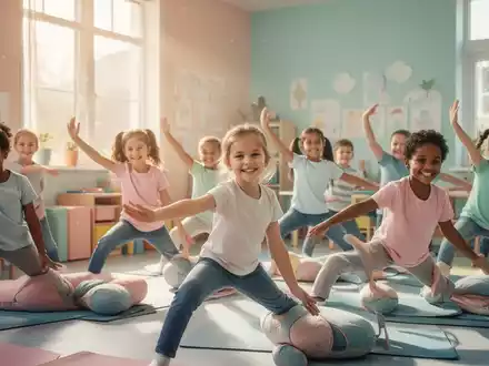 Kinder praktizieren Achtsamkeit und Bewegung in einem hellen Klassenzimmer, was Konzentration und Wohlbefinden fördert. - Foto: über boerse-global.de
