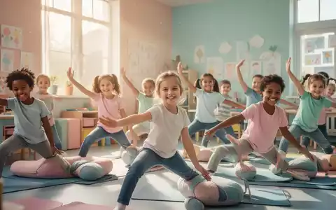 Kinder praktizieren Achtsamkeit und Bewegung in einem hellen Klassenzimmer, was Konzentration und Wohlbefinden fördert. - Foto: über boerse-global.de