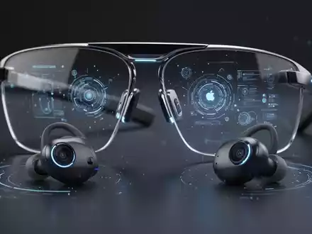 Futuristic smart glasses and camera-equipped earbuds, symbolizing Apple's AI-enabled wearable strategy and smart glasses. - Foto: über boerse-global.de