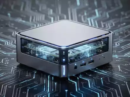 A sleek, futuristic mini PC with glowing blue internal lights, symbolizing advanced computing and artificial intelligence. - Foto: über boerse-global.de