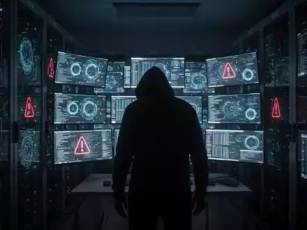 Eine dunkle Serverraum-Szene mit einer Person und leuchtenden Bildschirmen, die Datenlecks und Cyber-Sicherheit symbolisieren. - Foto: über boerse-global.de