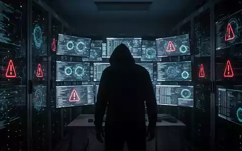 Eine dunkle Serverraum-Szene mit einer Person und leuchtenden Bildschirmen, die Datenlecks und Cyber-Sicherheit symbolisieren. - Foto: über boerse-global.de