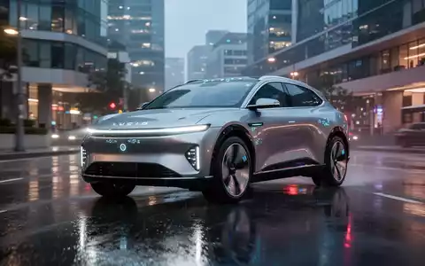 A futuristic autonomous electric SUV driving through a modern city street at dusk, with blurred city lights in the background. - Foto: über boerse-global.de
