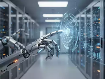 A sophisticated humanoid robot hand interacts with a holographic interface, illustrating the integration of AI into robotics. - Foto: über boerse-global.de
