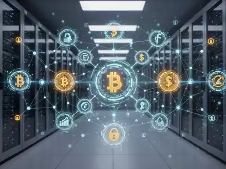 A glowing, interconnected blockchain network overlaid on a modern data center, symbolizing secure digital finance and technological innovation. - Foto: über boerse-global.de