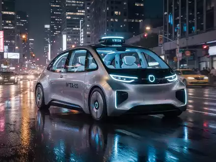 A futuristic autonomous robotaxi with illuminated interiors drives through a bustling city at night, reflecting on wet asphalt. - Foto: über boerse-global.de