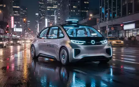 A futuristic autonomous robotaxi with illuminated interiors drives through a bustling city at night, reflecting on wet asphalt. - Foto: über boerse-global.de