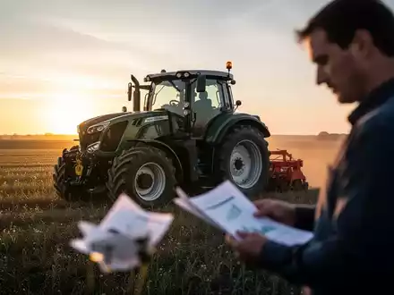 Moderner Traktor auf einem Feld bei Sonnenaufgang, ein Landwirt prüft Dokumente im Vordergrund. Fokus auf Landwirtschaft und Finanzen. - Foto: über boerse-global.de